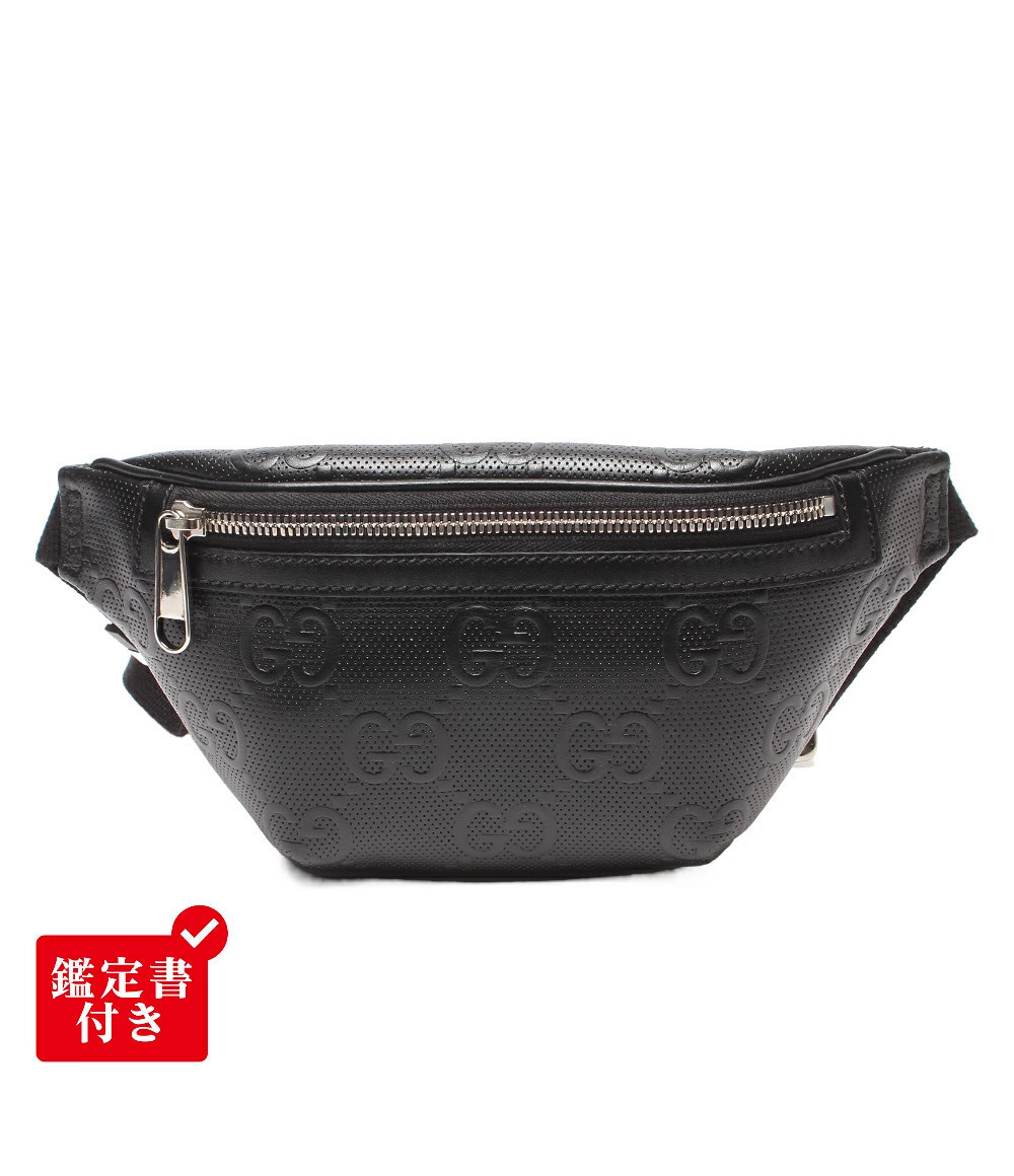 Gucci Waist Pouch Sling Crossbody Bag GG Embossed Leather Black